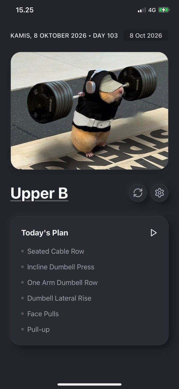Tampilan utama Workout Tracker: Hari 1 Push Day, statistik minggu ini, dan target PR